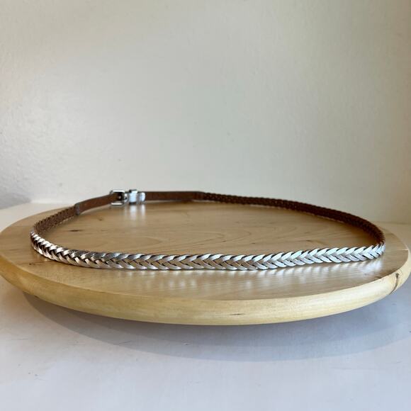 J. Crew Silver Metallic Genuine Leather Thin Skinny Woven Belt Size Large - Picture 3 of 12